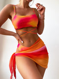 2025 Tie-Dye Bikini Women's Three-Piece Mesh Dress Split Bikini Aison