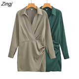 Women Fashion Solid Color Side Pleats Design Zipper Fly Slim Mini Dress Female Chic Long Sleeve Business Vestidos
