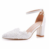 7 Cm Thick Heel Sharp-Headed Hollow Sandals Spring Square Heeled Women's Shoes White Lace Bride High