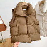 Down Cotton Jacket Vest Women's 2024 Autumn / Winter New Korean Version Loose Cotton Vest Standing Collar Pure Color Cotton Jacket Vest Cover-Outfit