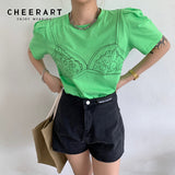 Cotton Open Back Short Sleeve Tees Summer Puff Sleeve Top Green White Black T Shirt Women Designer