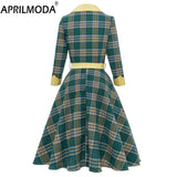 Long Sleeve Green Plaid Women Party Dress Gingham A Line Tunic Midi Shirt Style Button Up Rockabilly 50s Cotton Dresses