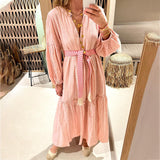 Spot 2025 Autumn New Women's Fashion V-Neck Bubble Sleeve Bohemian Cotton Linen