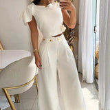 Zingj 2023 New Fashion Pure Color Single Room Petal Sleeve High Waist Temperament Pants Suit Female-Outfit