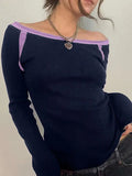 Contrast Color Off Shoulder Long Sleeve Tee-Outfit