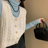 Zingj Short Fold Wear Single Breasted Sweater Cardigan Vest Retro Twist Round Neck Thick Line Knit Vest Woman-Outfit