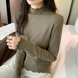 Velvet Bottomed Blouse With A New Autumn And Winter Black Semi-High Collar And A Polished Woolen Blouse In The Middle Of The