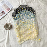 Autumn Women Casual Mesh Pattern Daisy Flower Printed Blouse Tops Girls Mesh Shirts See Through Shirt For