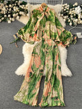 American Fashion Senior Suits Bow Collar Batwing Sleeve Top+Pleated Long Pant 2023 Women Casual Loose Printed