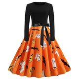Women Pumpkin Print Party Dress Black Streetwear Gothic Long Sleeve O Neck Vintage Casual Robe Femme Halloween