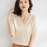 Zingj / Summer 2024 New Knit Short Sleeve Female V Collar Bottom Knit Sleeve Half Sleeve Sweater Loose Bottom Sweater-Outfit
