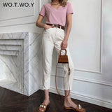 2022 Summer Casual Solid V-Neck T-shirt Women Knitted Cotton Basic Short Sleeve Tops Female Soft White Tee Shirt