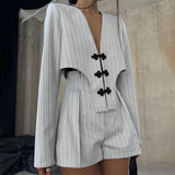 Zingj Spring Women's New Chinese Niche Design Sense Long Sleeve Deep V Coat Coat High Waist Shorts Striped Suit-Outfit