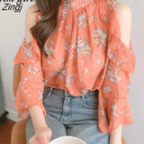 Off Shoulder Floral Blouses Women Summer Elegant Office Lady Chiffon Shirt Korean Fashion Long Sleeve Tops Blusas