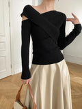 Fashion Women's Knitted Pullover Oblique Collar Slim Solid Color Long Sleeve Cross Bandage Sweater Autumn 2023 New