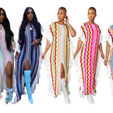 Zingj New Women's Dress Flounce Knitted Striped Slit