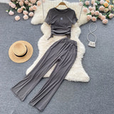 Zingj Female Pleated Drawstring With Short-Sleeved Top Pendant Wide-Leg Pants Two-Piece
