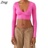 Women Spring Summer Ribbed Crop Top Long Sleeve U Neck Solid Color Slim Fit T-shirt 2023 Streetwear Black/White/Green/Rose