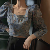 Shirts Women Puff Sleeve Autumn All-match Square Collar Floral French Retro Elegant BF Style Casual Female Blouses