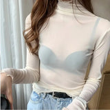 M-3XL Girls Mesh Blouses Shirts Tees Female Autumn Transparent Full Sleeve Turtleneck Thin Blouse Tops Undershirts