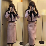 Plaid Bow Women's Suit Jacket Skirt Set Autumn and Winter Elegant Office Lady Short Jacket Coat Long Skirt Two-piece