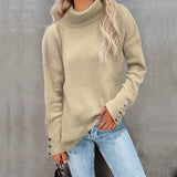 Zingj And Winter New Striped High Leader Mouth Button Sweater Solid Color Casual Loose Plus Size Sweater Woman-Outfit