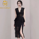 Summer Bodycon Lace Long Dress Women 2020 Elegant Black Lace Dresses Hollow Ruffles Casual sleeveless Dress With