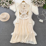 And Autumn Korean Version Of Socialite Temperament Fake Two Long-Sleeved Square Collar Lace Receiving Waist A Large Swinging Pleated