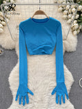 American Hotsweet Streetwear Y2K Tops Cropped O Neck Long sleeved Connecting Gloves Design Fashion Sexy Slim