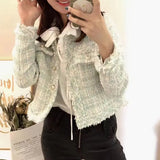 New Fashion Korean Chic Vintage Tweed Woolen Jacket Coat Women Autumn Single Breasted Plaid Tassel Office Lady