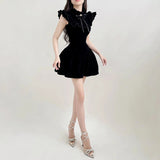 Ruffle Sleeve High Neck Velvet Black Mini Dress-Outfit