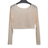 Women Sexy Slim Semi-transparent Mesh Crop Tops Tshirt Girl Long Sleeve Cropped Stretchy T-Shirts Tees Top for