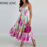 Women Chic Cami Sleeveless Floral Print Ruffle Hem Midi A Line Sexy
