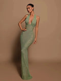 Halter Deep V Neck Sequin Maxi Dress- Outfit