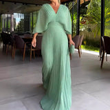 Zingj New Fall 2023 Solid Color V-Neck Bat Sleeve High-Waisted Dress-Outfit