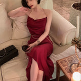 Women New Summer Spaghetti Strap Satin Midi Dress Sexy Bodycon Elegant Party Slim One Piece Clothes