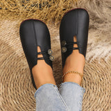 Button Soft Leather Hollow Flat Single Shoes Women's Round Head Shallow Mouth Big Lazy Happy