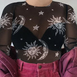 Women Sexy Harajuku Mesh Tops Long Sleeve See Through T Shirt Transparent Sun Moon Star Print T-shirt Femininas