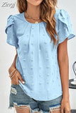 Summer Blouse Elegant Jacquard 2023 Women Petal Short Sleeve O-neck Shirts Loose Office Tops Casual T-shirt Blusas