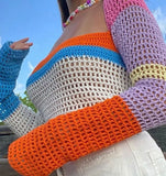 Knitted T-shirt Patchwork Hollow Out Long Sleeve Crop Top Y2K Aesthetic Vintage Women Sexy Tees Female Spring