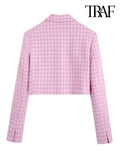 Women Fashion Tweed Houndstooth Cropped Blazer Coat Vintage Long Sleeve With Bejewelled Buttons Female Outerwear