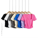 Zingj Trendy Women's T-Shirt Slim Style Square Collar Wrinkled Candy Color Short-Sleeved Elastic