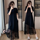 High-End Lace Splicing Dress 2025 Light Luxury Temperament Slim Thin Short Sleeve Black