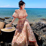 Zingj Bilateral Flounces One Word Collar Embroidery Hollow Long Dress Female Sense Shoulder