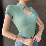 Casual Black Women T-shirts Harajuku Short Sleeve Crop Top T Shirt Hollow Out Sexy Tee Shirt