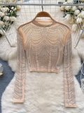 Women Beading Sheer Sexy Top O Neck Long Sleeves Transparent Slim Short T Shirt Streetwear Ins Shiny Sequins