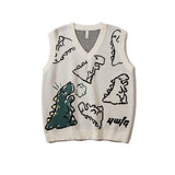 Knitted Sweater Vest Women Men Vintage Dinosaur Jacquard Waistcoat Female 2024 Loose Y2k All-match Pullover