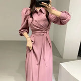 Summer 2021 New Women Dress Long Sleeve Turn Down Collar Shirt Lace Up Ladies Casual Dresses
