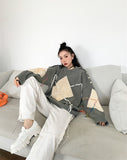Cold Shoulder High Fashion Oversized Sweater Women Winter Grey Green Argyle Sweater Korean Fashion Knitwear