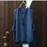 style literary round neck solid color knitted waistcoat women's vest with wide loose pullover waistcoat with